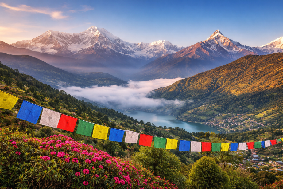 Colorful prayer flags overlooking a serene Himalayan valley in Nepal with snow-capped peaks, lush green hills, blooming rhododendrons, and a tranquil lake at sunrise.