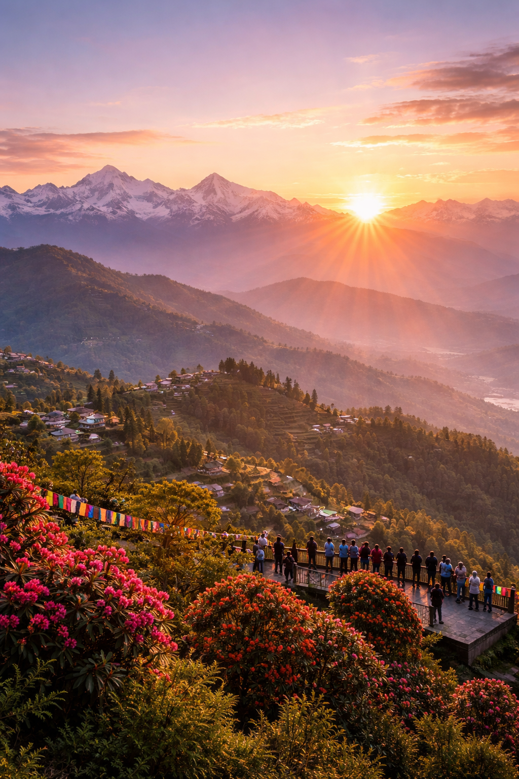 Sunrise over the Himalayan mountain range from Nagarkot with golden rays illuminating terraced hills, villages, and distant snow-capped peaks.
