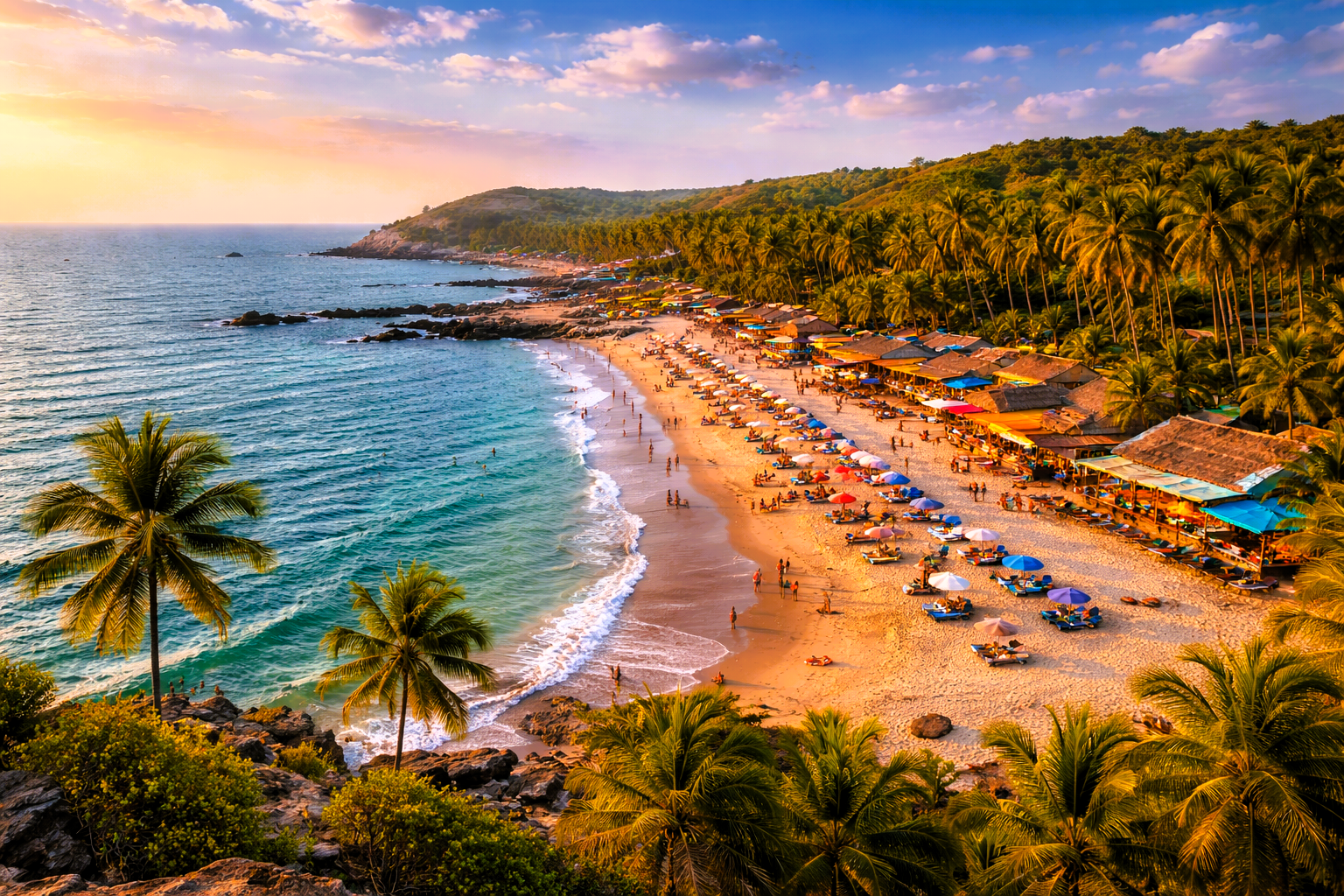 Aerial view of Vagator Beach in Goa with palm trees, golden sand, and beach shacks along the Arabian Sea, a highlight of Western India tours