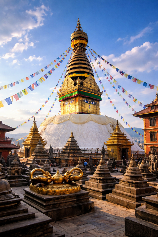 Golden Swayambhunath Stupa in Kathmandu with Buddha eyes, colorful prayer flags radiating from the spire, and surrounding shrines under a clear blue sky.