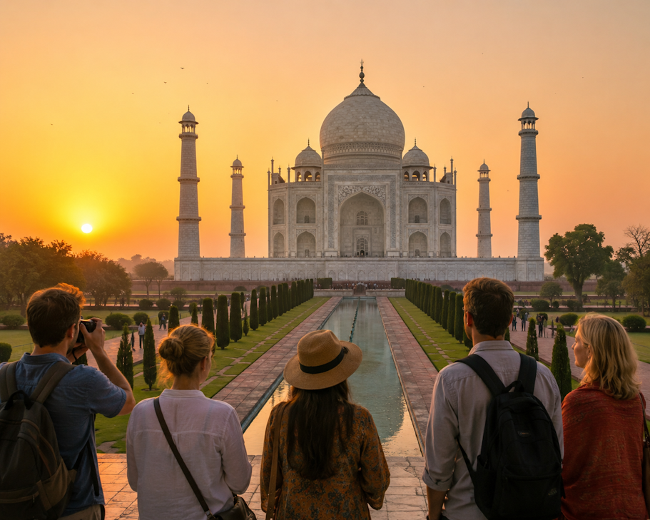 Foreign tourists watching the sunrise over the Taj Mahal in Agra, India, with golden morning light reflecting across the monument’s gardens and water channel.