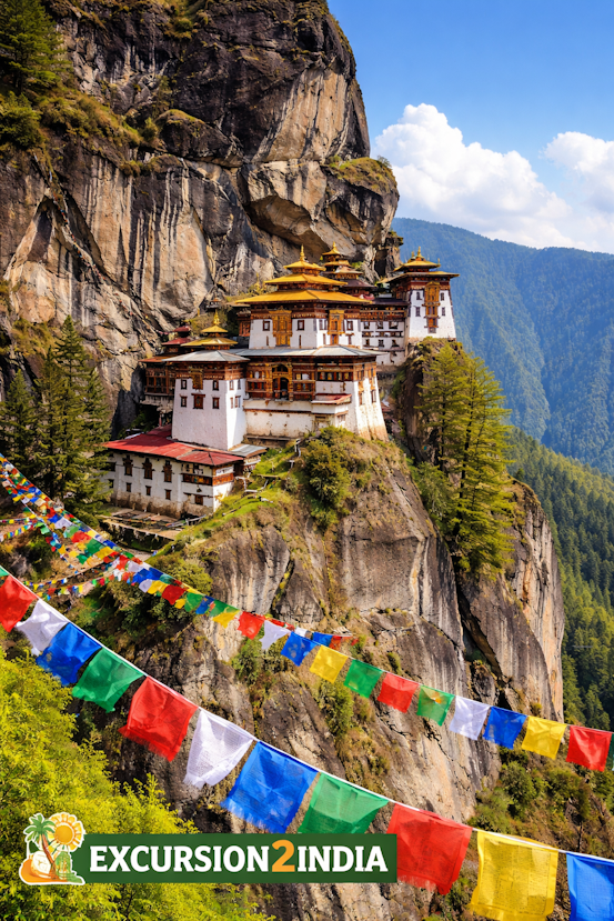 Taktsang Monastery (Tiger’s Nest) perched on a dramatic cliff in Paro Valley, Bhutan, with colorful prayer flags in the foreground—featured by Excursion2India.