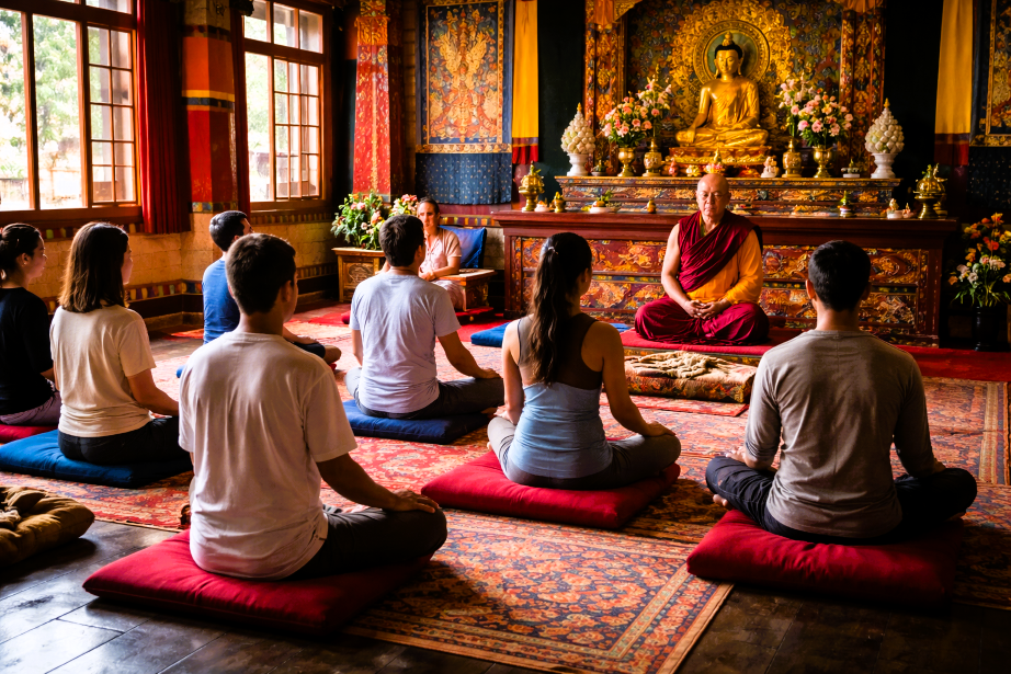 People practicing Tibetan meditation inside a monastery in Dharamshala with a monk guiding the session and Buddha statue in the background