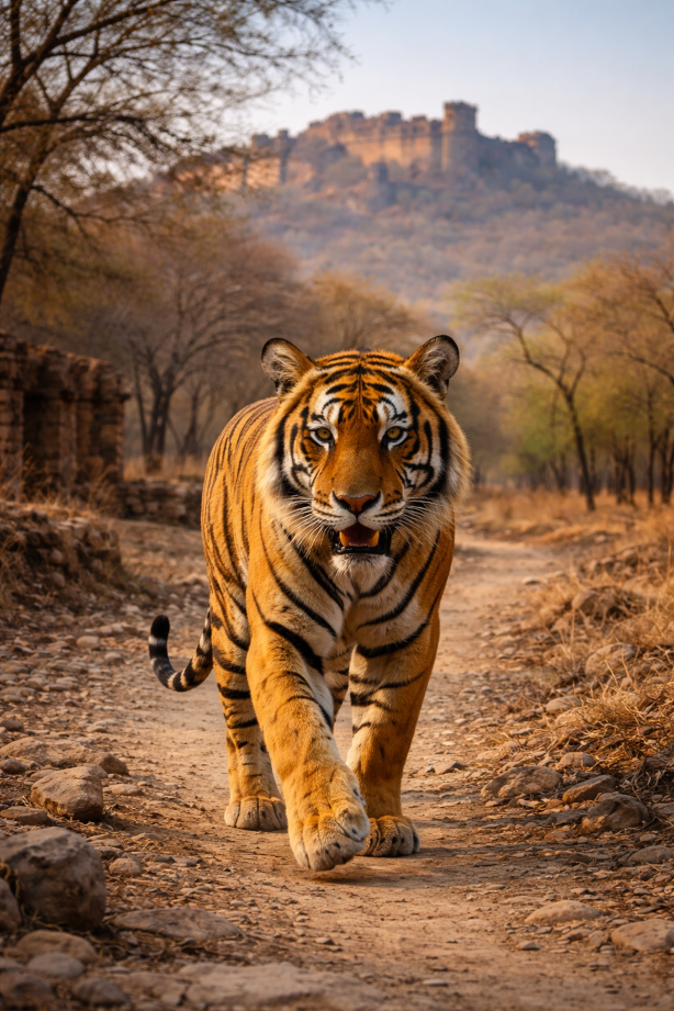 Royal Bengal tiger walking on a forest trail with Ranthambore Fort in the background at Ranthambore National Park, India