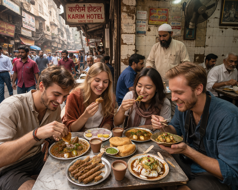 Foreign tourists enjoying authentic street food and local delicacies at a traditional restaurant in Old Delhi, India