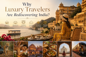 Luxury travel in India featuring a royal palace hotel in Udaipur, private wildlife safari, wellness retreat, Indian cuisine, Taj Mahal, and luxury train journeys.