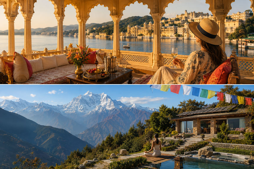 Luxury India travel experience featuring a royal lakeside palace stay in Udaipur and a Himalayan wellness retreat with yoga, mountain views, and bespoke relaxation.
