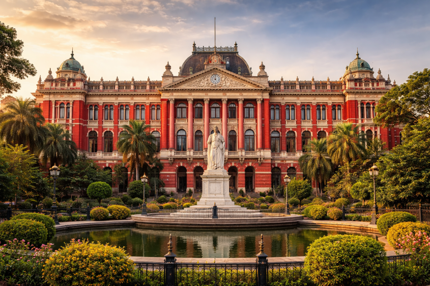 Writers' Building Kolkata colonial architecture at BBD Bagh with red facade, domes, and central statue in golden evening light